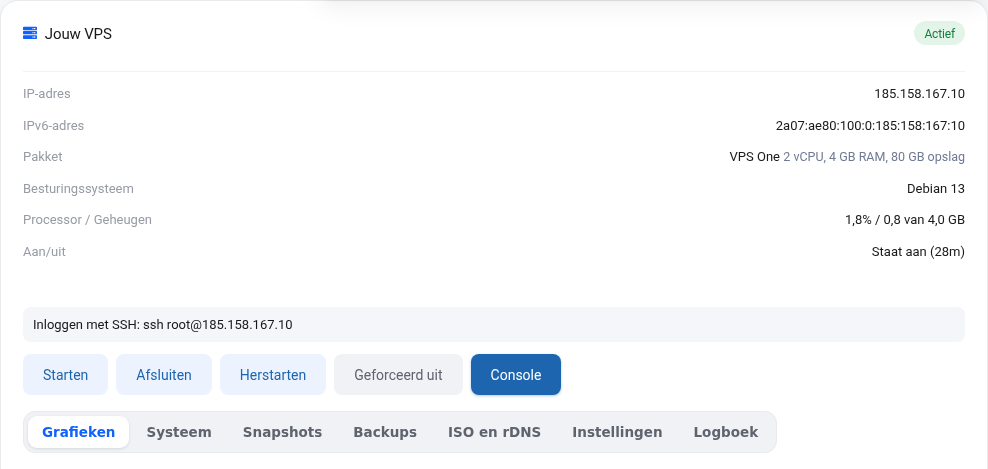 VPS-skærmen med linjen Log ind med SSH